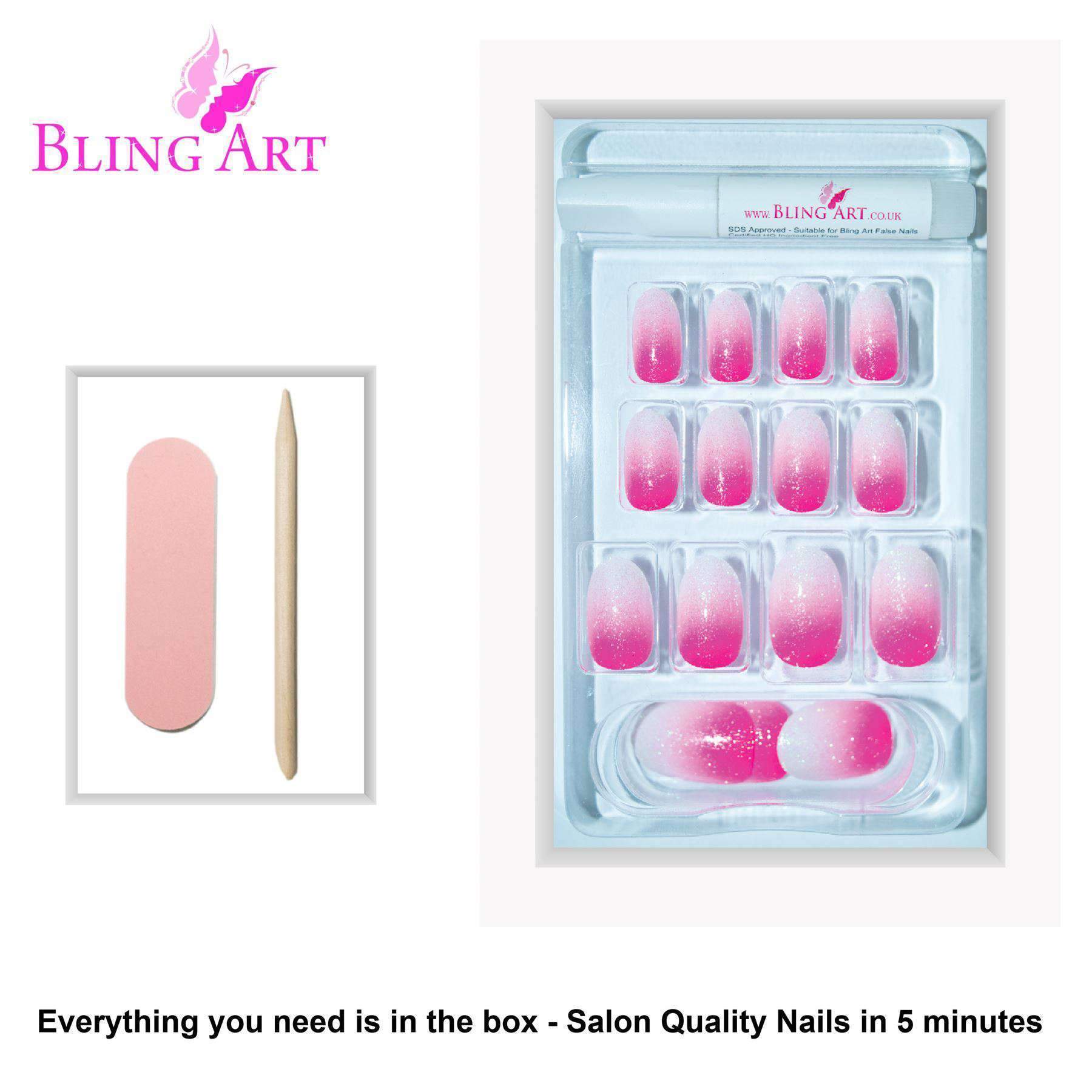 Bling Art Pink Gel Ombre Oval Medium Fake Acrylic Nails set with 24 vibrant pink nail tips, glue, nail file, and cuticle stick.